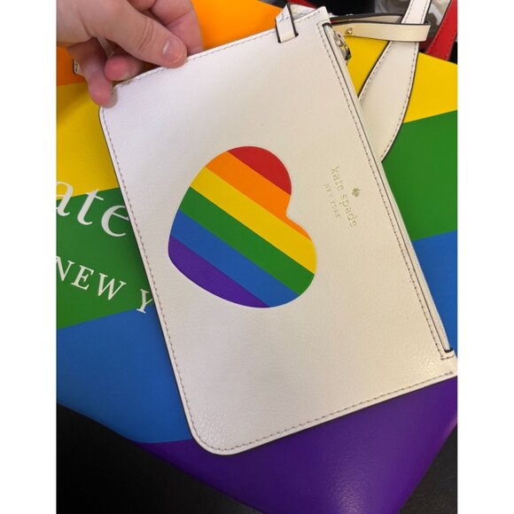 Kate Spade New York Rainbow Striped Leather Tote Bag With Red & White Handles - Picture 8 of 10